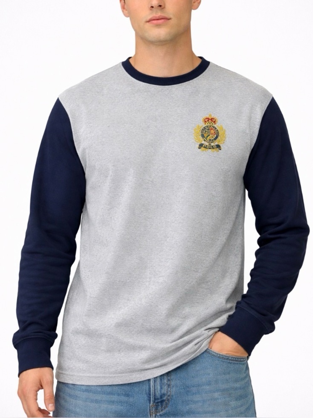 Ralph Lauren Polo shirt waffle knit blue gray crested embroidered patch on chest